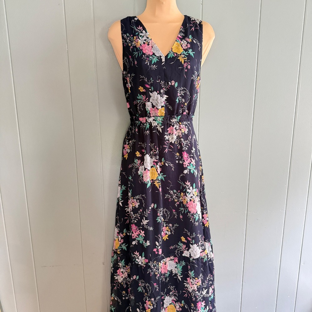 Merona Navy Multicolor Floral Maxi‎ Dress S Tiered Cottagecore Garden Party Boho